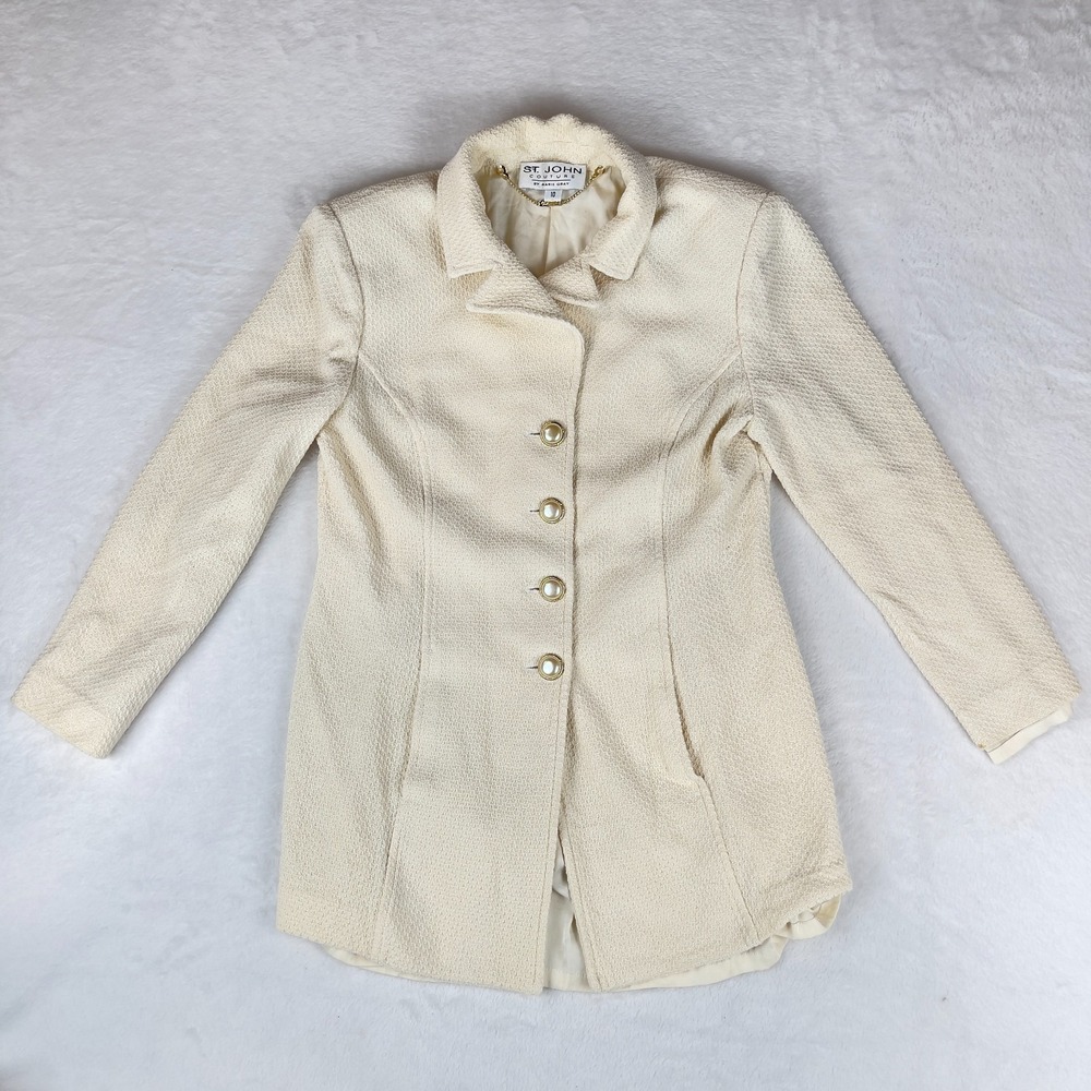 St. John by Marie Gray Blazer Jacket Womens 10 Beige Lined Textured Button Front